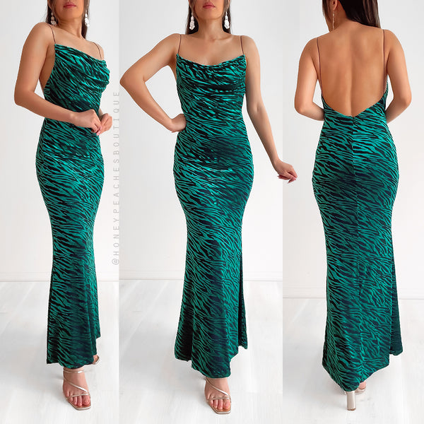 Lionell Maxi Dress Emerald Zebra Print Honey Peaches